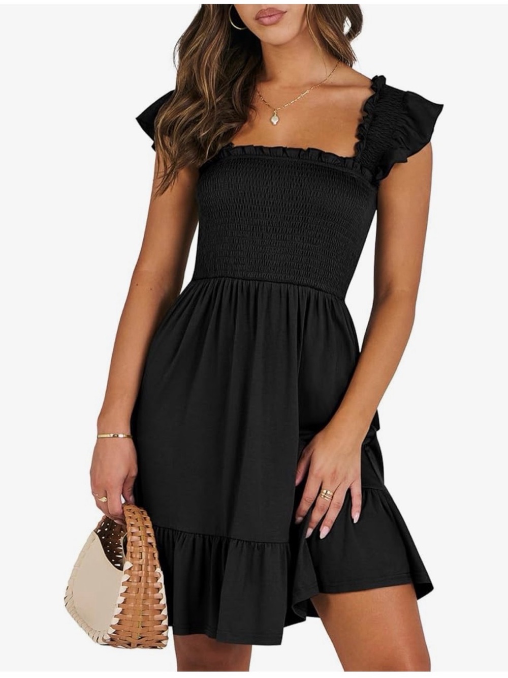 Anrabess Black Ruffle Cap Sleeve Smocked Mini Dress XS